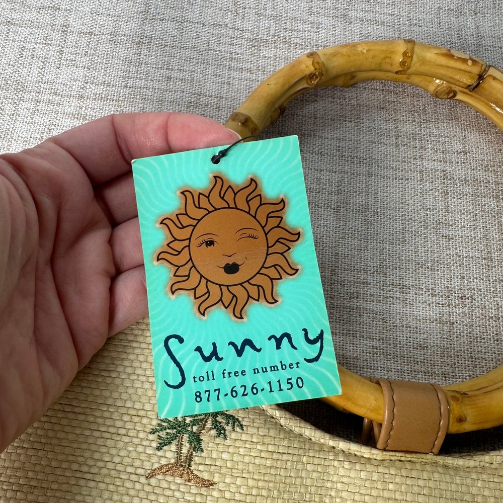 Sunny Palm Tree Embroidered Bamboo Handle Tote Bag NWT Resort Beach Purse - Picture 2 of 6